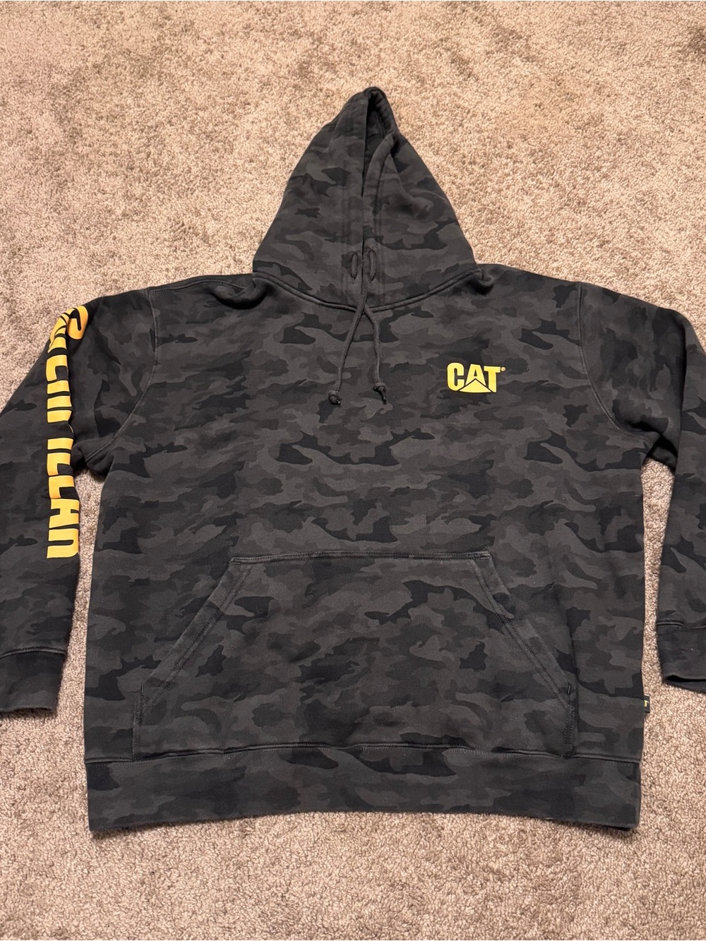 CAT Camo Hoodie Mens XL Green Pullover Long Sleeve Outdoor Pocket Logo